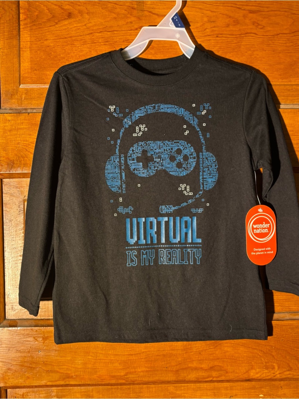 wonder nation Black Long-Sleeve Tee with Blue Gaming Headset Graphic